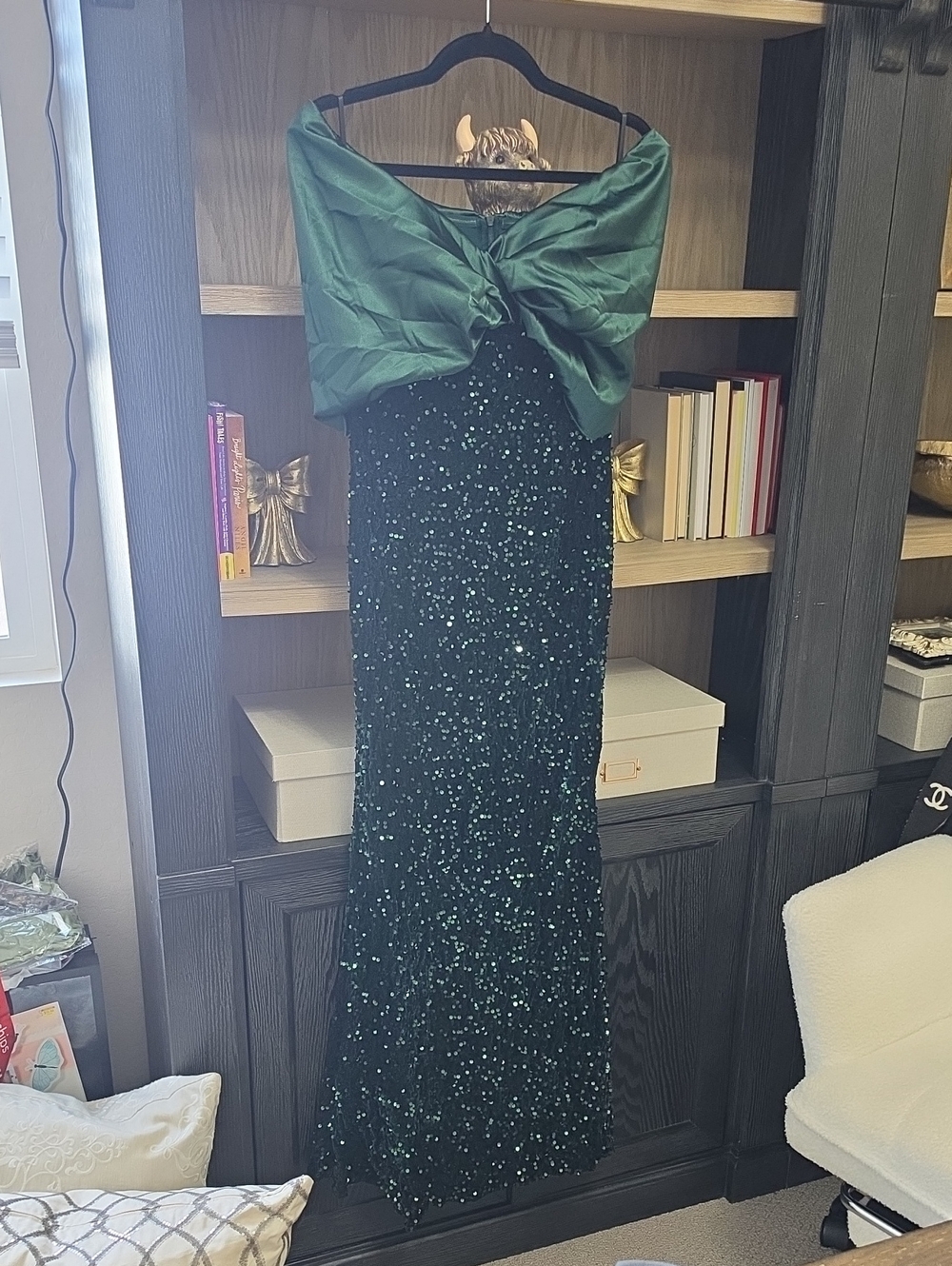 SHEIN Dark Green Sequin Maxi Dress with Green Satin Bow